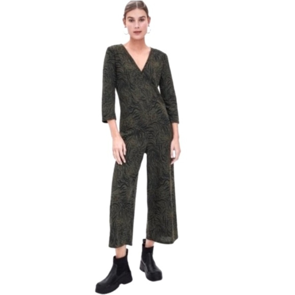 NEW Zara Trafaluc Animal Print Dark Green Jumpsuit, Size Small